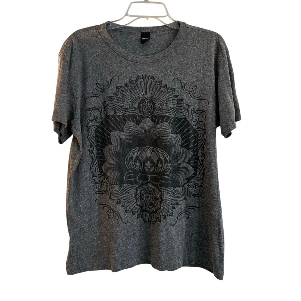 OBEY Women's Lotus Flower Buttery Soft Gray Vintage T-Shirt Made in USA Large